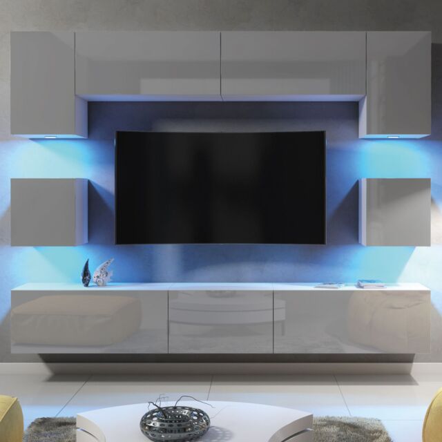 Mex Furniture LTD TV Wall Unit with LED Lighting & Gloss Doors / 242cm in Grey - image 1