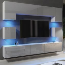 Mex Furniture LTD TV Wall Unit with LED Lighting & Gloss Doors / 242cm in Grey - thumbnail 2