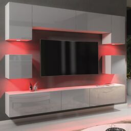 Mex Furniture LTD TV Wall Unit with LED Lighting & Gloss Doors / 242cm in Grey - thumbnail 5