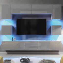 Mex Furniture LTD TV Wall Unit with LED Lighting & Gloss Doors / 242cm in Grey