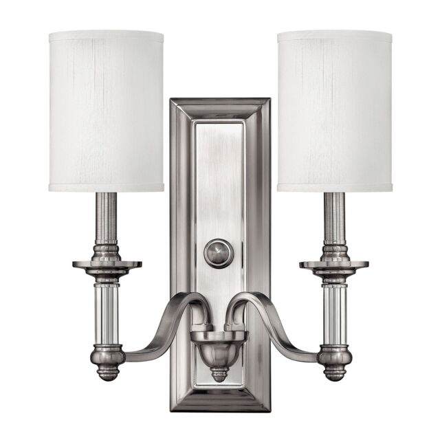 Loops Twin Wall Light Clear Glass Column White Fabric Shade Brushed Nickel LED E14 60W in Metallics