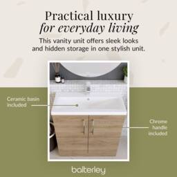 Balterley Contemporary Bathroom Floor Standing 2 Soft-Close Door Vanity Unit & Mid-Edge Ceramic Basin, Bleached Oak, 800 mm in Brown - thumbnail 3
