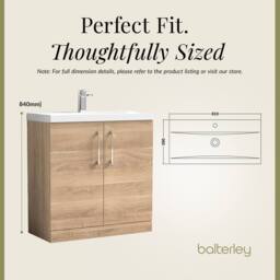Balterley Contemporary Bathroom Floor Standing 2 Soft-Close Door Vanity Unit & Mid-Edge Ceramic Basin, Bleached Oak, 800 mm in Brown - thumbnail 5