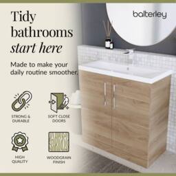 Balterley Contemporary Bathroom Floor Standing 2 Soft-Close Door Vanity Unit & Mid-Edge Ceramic Basin, Bleached Oak, 800 mm in Brown - thumbnail 7