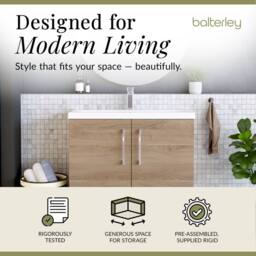 Balterley Contemporary Bathroom Floor Standing 2 Soft-Close Door Vanity Unit & Mid-Edge Ceramic Basin, Bleached Oak, 800 mm in Brown - thumbnail 2