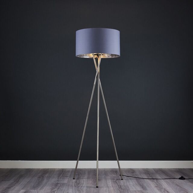 ValueLights Camden Brushed Chrome Tripod Floor Lamp with Grey & Chrome Lamp Shade - image 1