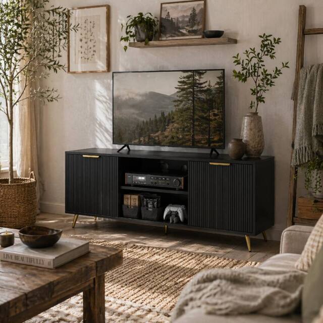 Wyld Haus Ellini Black Wood TV Stand Fits Up to 55 inch 2 Open Shelves 2 Doors - image 1