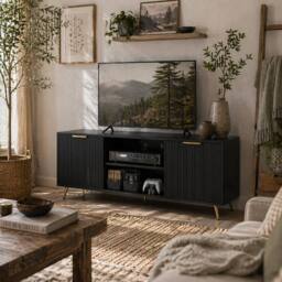 Wyld Haus Ellini Black Wood TV Stand Fits Up to 55 inch 2 Open Shelves 2 Doors - thumbnail 1