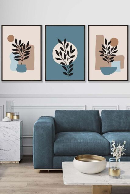 ARTZE Set of 3 Black Framed Graphical Boho Floral Teal & Beige Botanical Wall Art - Size: W45 cm x H62 cm x D20mm - image 1