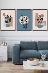 ARTZE Set of 3 Black Framed Graphical Boho Floral Teal & Beige Botanical Wall Art - Size: W45 cm x H62 cm x D20mm - thumbnail 1