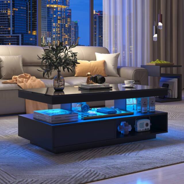BTM High Gloss LED Coffee Table for Home & Office, 2 Drawers in Black - image 1