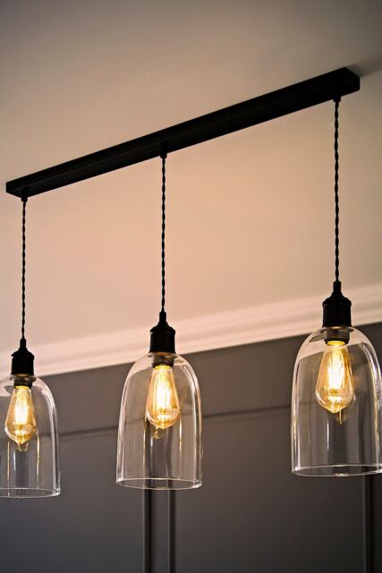 ValueLights Kira Glass Cloche Dome 3 Drop Bar Diner Ceiling Pendant Light & Bulbs in Black - image 1