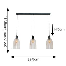ValueLights Kira Glass Cloche Dome 3 Drop Bar Diner Ceiling Pendant Light & Bulbs in Black - thumbnail 7
