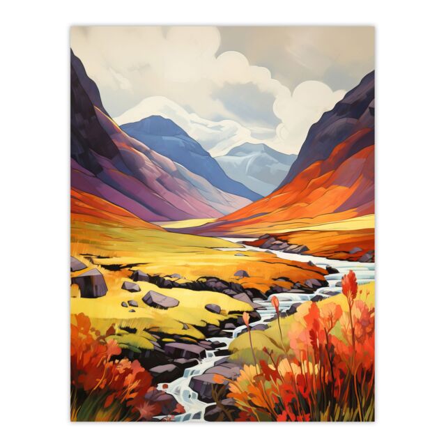 Artery8 Scotland Glencoe Valley Vibrant Oil Painting Majestic Mountains & River With Heather Shrubs Unframed Wall Art Print Poster Home Decor Premium - image 1