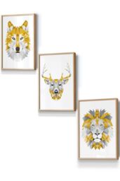 ARTZE Geometric Yellow Grey Animal Heads Framed Wall Art - Small in Light Oak - Size: W33 cm x H45 cm x D20mm - thumbnail 1