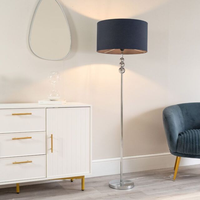ValueLights Marissa Fabric Drum Shade with Chrome Stacked Ball Floor Lamp with LED Bulb in Navy - image 1