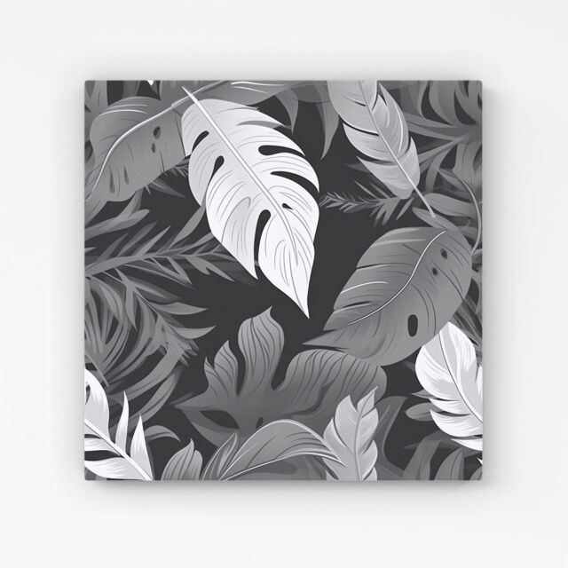 Warren Reed - Designer Black White Tropical Leaves Canvas in Grey - Size: w10 inch x h10 inch - image 1