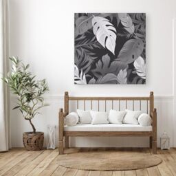 Warren Reed - Designer Black White Tropical Leaves Canvas in Grey - Size: w10 inch x h10 inch - thumbnail 3