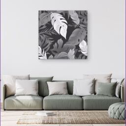 Warren Reed - Designer Black White Tropical Leaves Canvas in Grey - Size: w10 inch x h10 inch - thumbnail 4