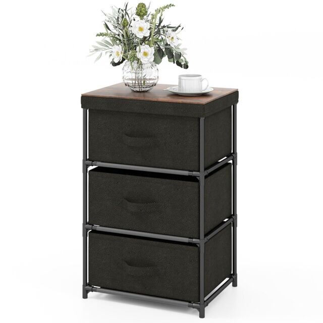 Costway 3-Tier Fabric Dresser Chests of Drawers Bedroom Nightstand w/ 3 Drawers in Black