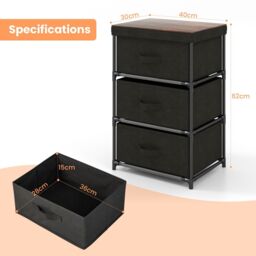 Costway 3-Tier Fabric Dresser Chests of Drawers Bedroom Nightstand w/ 3 Drawers in Black - thumbnail 3
