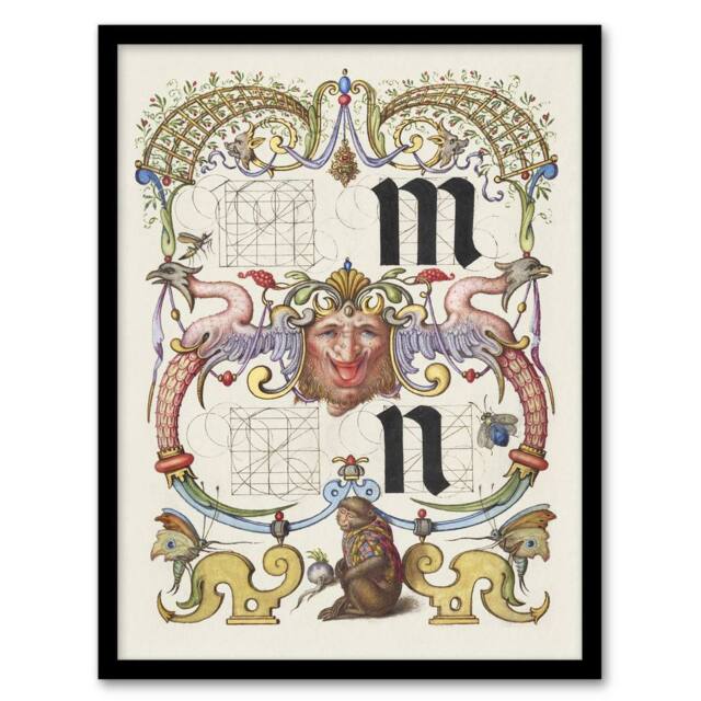 "Artery8 Pictorial Letter Guide M & N Calligraphy Framed Wall Art Print in White - Size: W12"" x H16""" - image 1