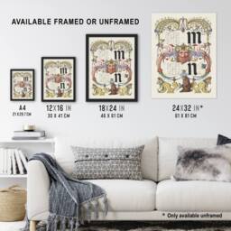 "Artery8 Pictorial Letter Guide M & N Calligraphy Framed Wall Art Print in White - Size: W12"" x H16""" - thumbnail 3