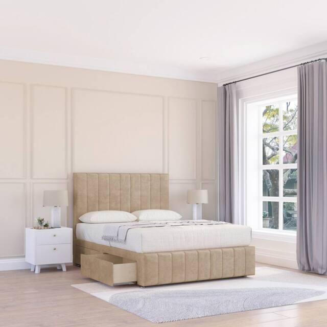 "Sloomy California Divan Bed Base Slate Naples 4 Drawers 12"" Footboard & 54"" Floor Standing Headboard in Cream - Size: King" - image 1