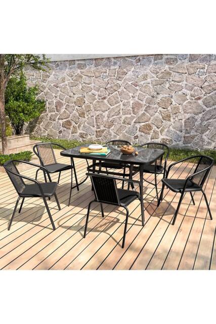 Living and Home 7 PCS Tempered Glass Outdoor Garden Dining Table Set with Parasol Hole in Black - image 1