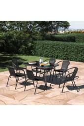Living and Home 7 PCS Tempered Glass Outdoor Garden Dining Table Set with Parasol Hole in Black - thumbnail 2