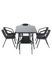 Living and Home 7 PCS Tempered Glass Outdoor Garden Dining Table Set with Parasol Hole in Black - thumbnail 4
