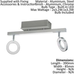 Loops 2 PACK Wall Spot Light Aluminium Chrome Shade Satined Plastic LED 2x3.2W 1x3.3W - thumbnail 2