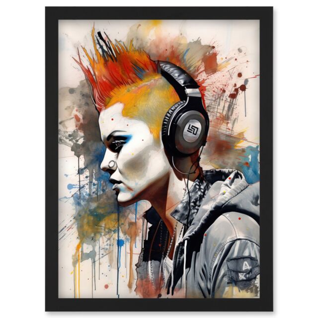 Artery8 Edgy Young Punk Woman with Red Mohawk & Headphones Listening to Music Modern Watercolour Painting Artwork Framed Wall Art Print A4 in Black - image 1