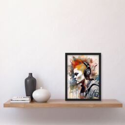 Artery8 Edgy Young Punk Woman with Red Mohawk & Headphones Listening to Music Modern Watercolour Painting Artwork Framed Wall Art Print A4 in Black - thumbnail 2