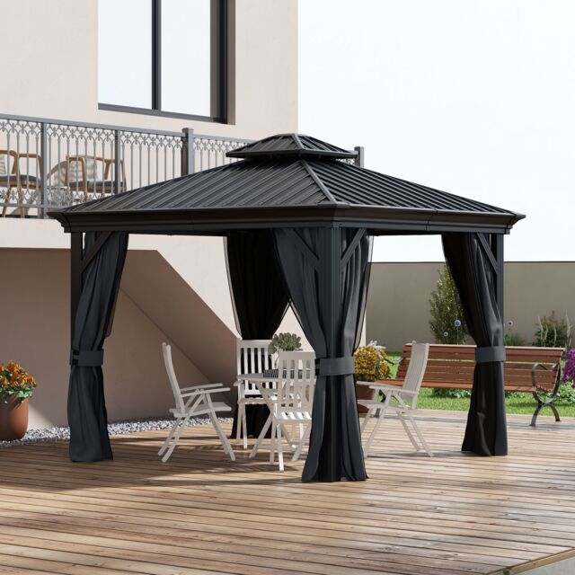 OUTSUNNY 3 x 3.7m Aluminium Outdoor Hardtop Gazebo Canopy 2-Tier Roof in Dark Grey - image 1