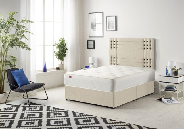 Somnior Flexby Tweed Fabric Divan Bed with Orthopeadic Sprung Memory Foam Mattress & Headboard in Natural - Size: Small Double - image 1