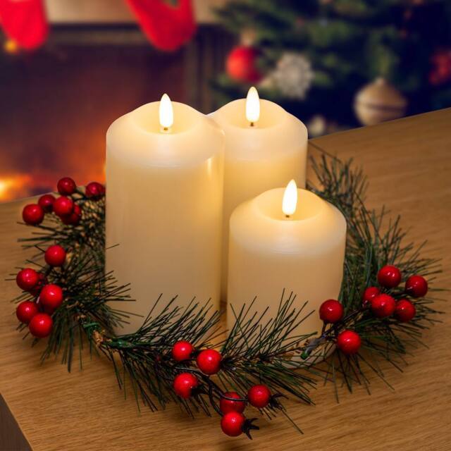 Globrite 3-Pack Flickering Flameless LED Candles Xmas Decorations Berry Wreath - image 1