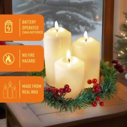 Globrite 3-Pack Flickering Flameless LED Candles Xmas Decorations Berry Wreath - thumbnail 7