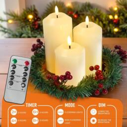 Globrite 3-Pack Flickering Flameless LED Candles Xmas Decorations Berry Wreath - thumbnail 4