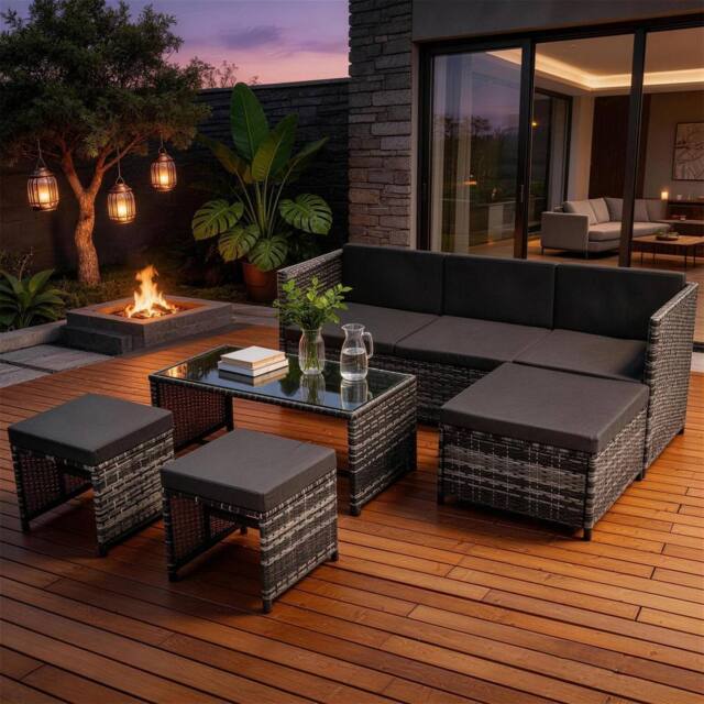 FENCHILIN Garden Sofa Set Rattan Sofa with Table, Stools Patio Lounge Set in Grey - image 1