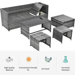 FENCHILIN Garden Sofa Set Rattan Sofa with Table, Stools Patio Lounge Set in Grey - thumbnail 4