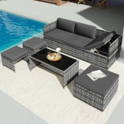 FENCHILIN Garden Sofa Set Rattan Sofa with Table, Stools Patio Lounge Set in Grey - thumbnail 2