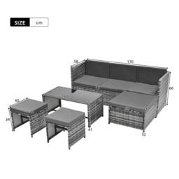 FENCHILIN Garden Sofa Set Rattan Sofa with Table, Stools Patio Lounge Set in Grey - thumbnail 3