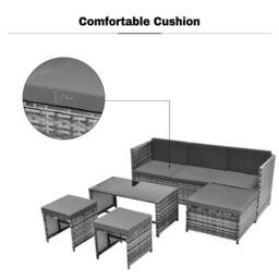 FENCHILIN Garden Sofa Set Rattan Sofa with Table, Stools Patio Lounge Set in Grey - thumbnail 6