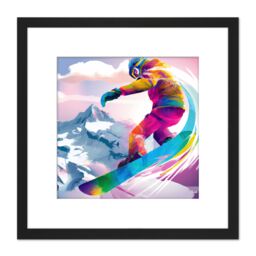 Artery8 Snowboarder Snowboarding Vibrant Watercolour Multicoloured Snow Mountain Winter Sport Square Wooden Framed Wall Art Print Picture 8X8 Inch - thumbnail 1