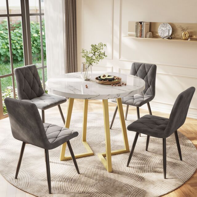 Matteo Modern Round Coffee Table with Gold Stand & Marble Pattern in White - image 1