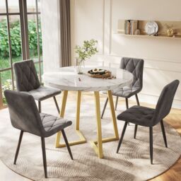 Matteo Modern Round Coffee Table with Gold Stand & Marble Pattern in White - thumbnail 1