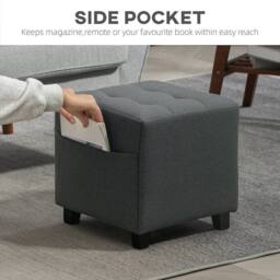 KORVIXA Grey Small Ottoman with Side Pocket & Rubber Wood Legs - Size: 100 cm x 100 cm - thumbnail 4