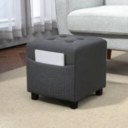KORVIXA Grey Small Ottoman with Side Pocket & Rubber Wood Legs - Size: 100 cm x 100 cm - thumbnail 3