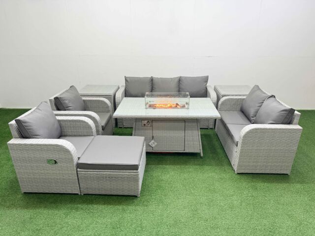 Fimous PE Rattan Garden Furniture Set Reclining Chair Sofa Double Love Seat 2 Seater Sofa Lounge Set Firepit Dining Table Big Footstool 2 Side Table - image 1
